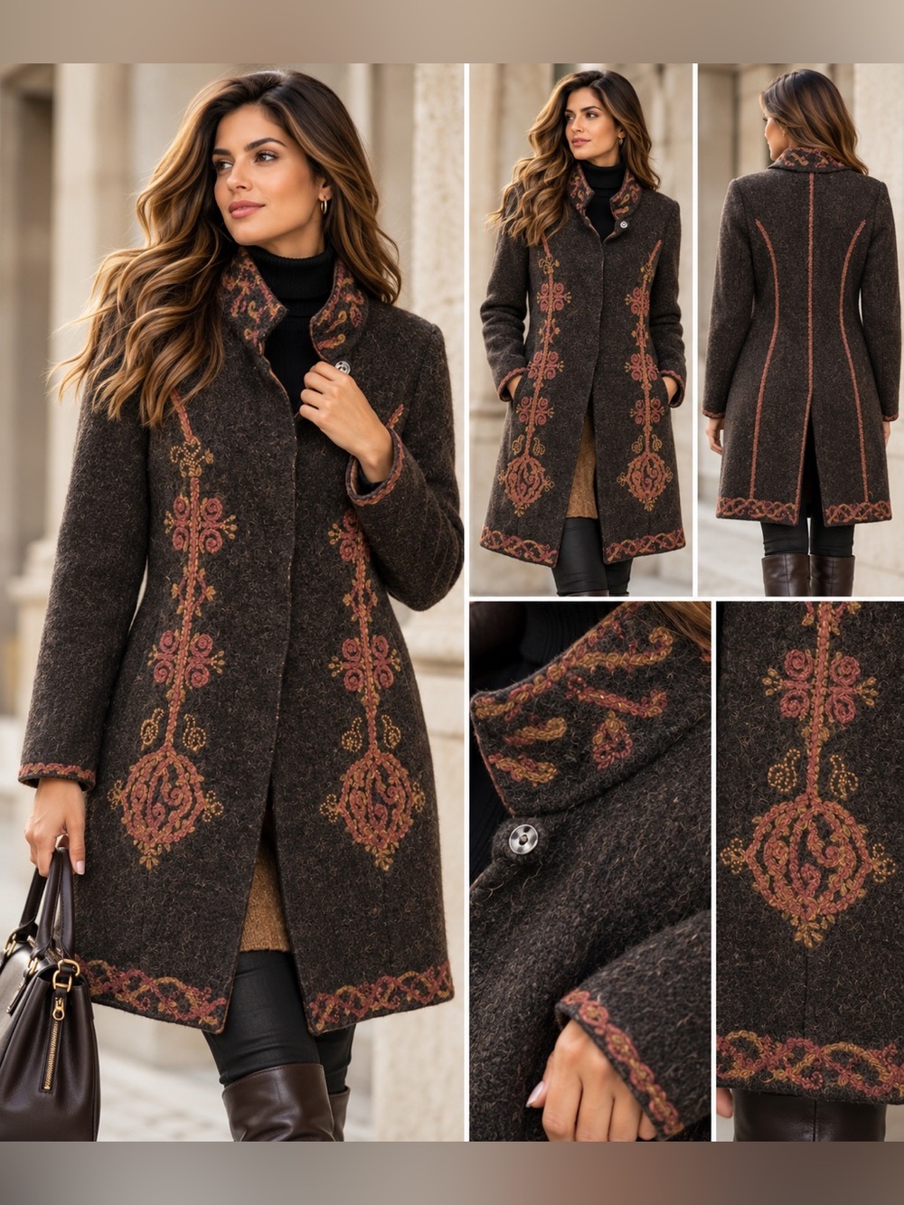 Peruvian Connection Baby Alpaca Wool Embroidered Sweater Coat Brown